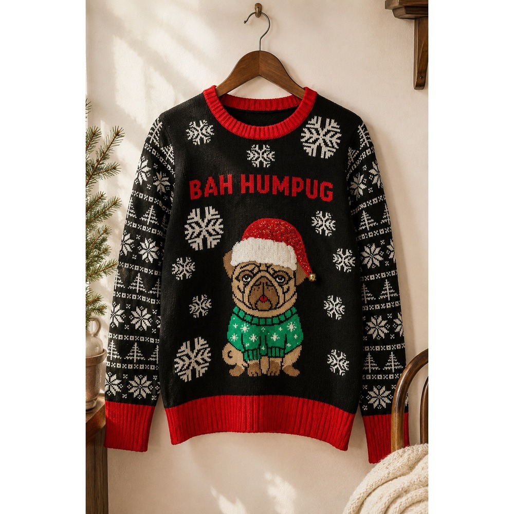Bah Humbug Pug Ugly Christmas Sweater Jingle Bell Santa Holiday Knit Large